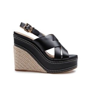 Michael Kors Nora Wedge Sandal In Black Leather - NWT